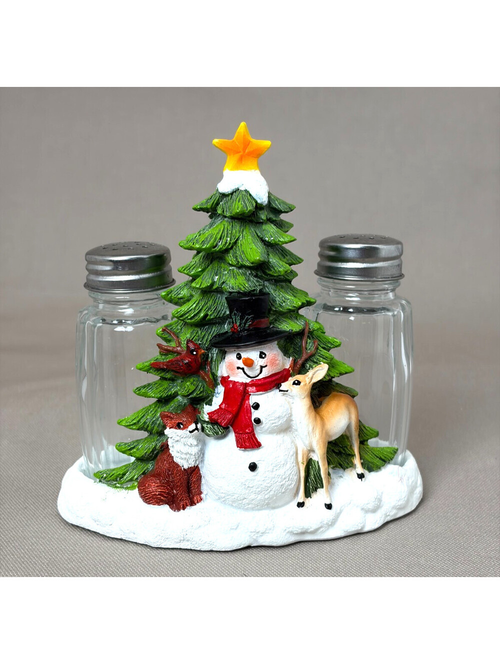 Christmas Snowman Woodland Animals Salt and Pepper Shakers Set Resin Tree 5 In